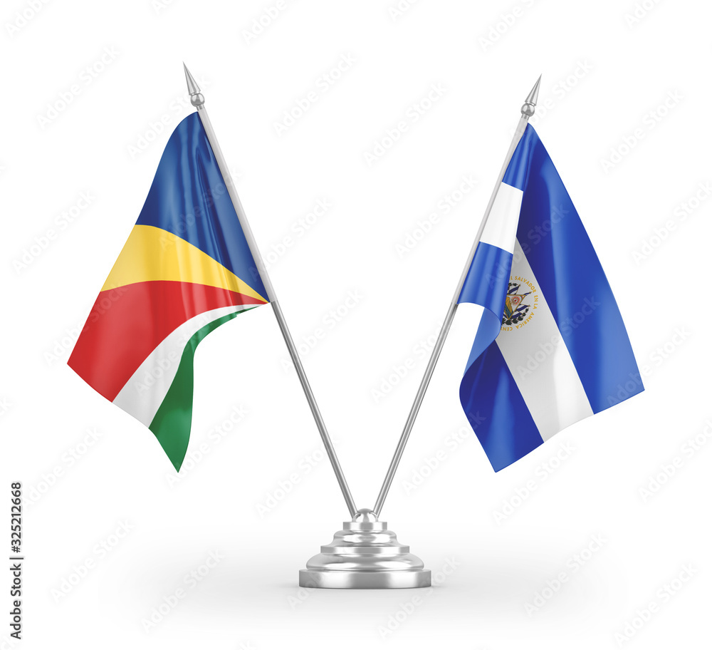 El Salvador and Seychelles table flags isolated on white 3D rendering El Salvador and Seychelles table flags isolated on white 3D rendering