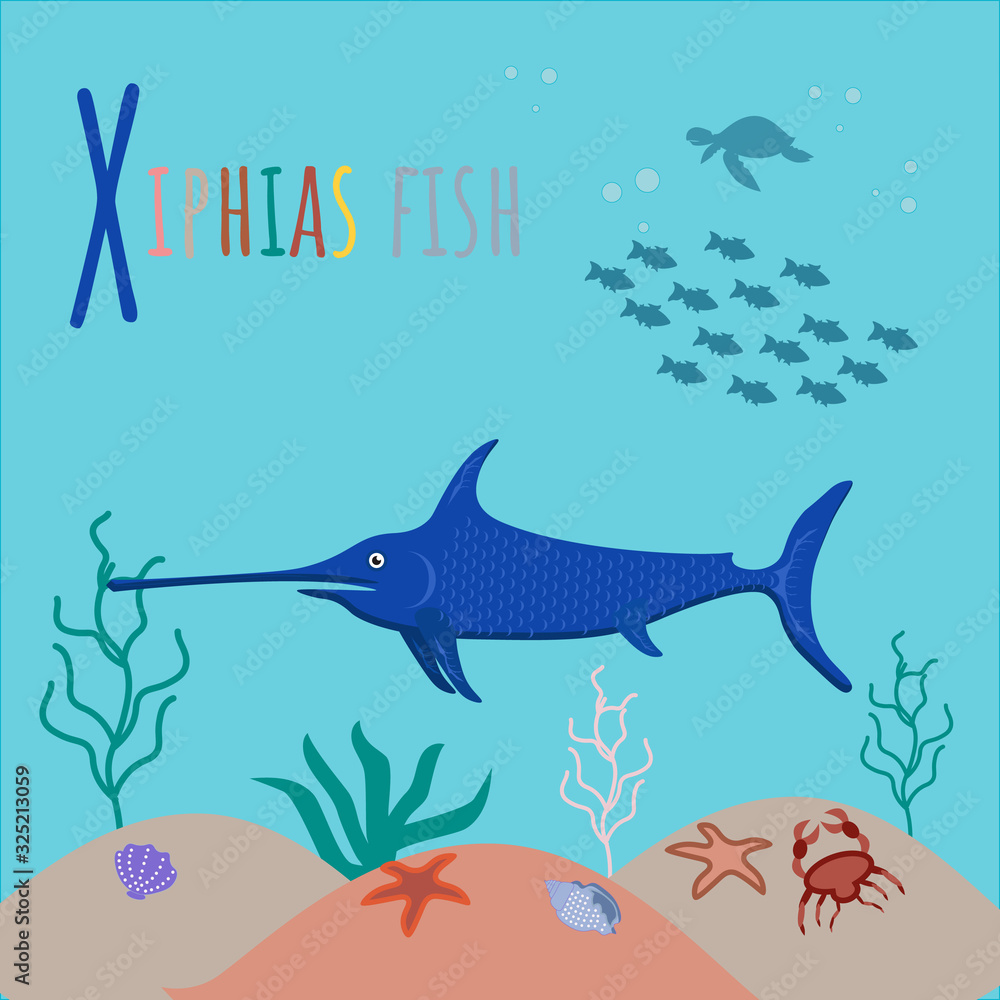 Obraz premium Colorful book alphabet. Xiphias fish. Book of animals. Letter X