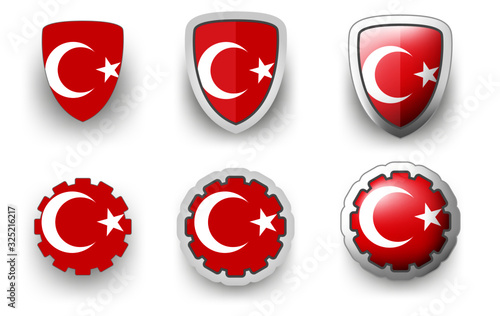 6 Turkey vector icons button shield and gear, flat and volumetric style in flag colors red, white for flyer any holiday design or poster