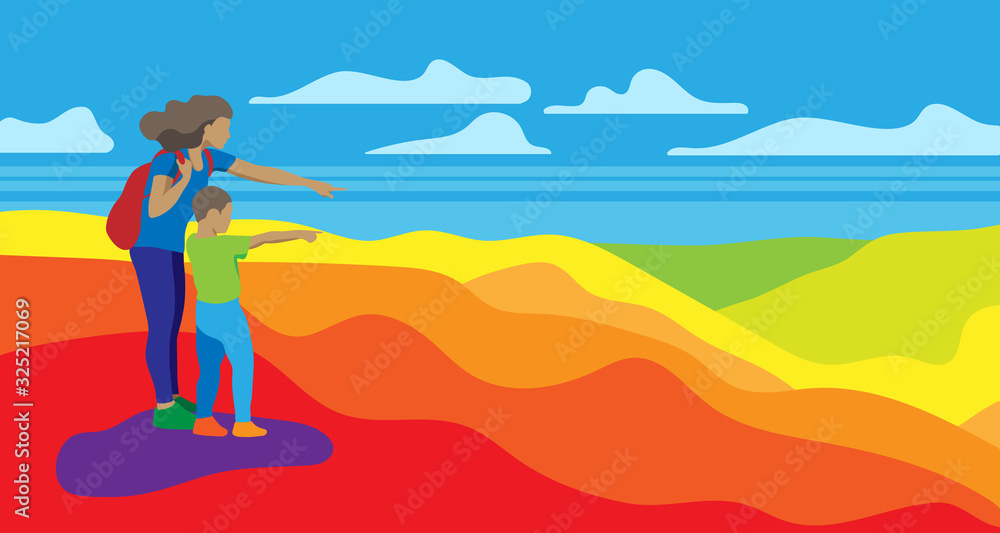 Stock vector mom with little son on top of mountain pointing forward against mountain ranges and sky