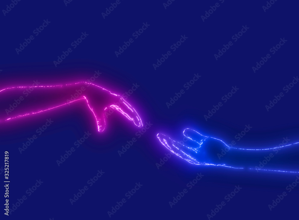 Neon Helping Hands Isolated On The blue Background