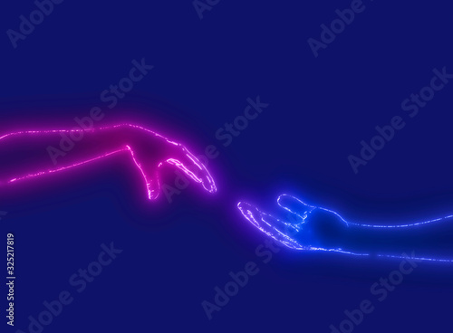 Neon Helping Hands Isolated On The blue Background