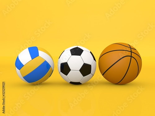 Soccer volleyball and basketballs on a yellow background. 3d render illustration.
