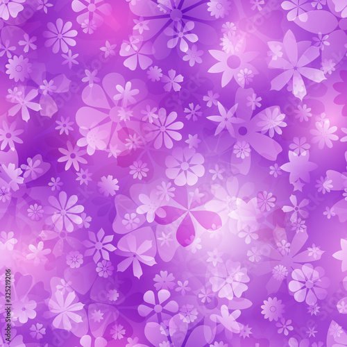 Spring seamless pattern of various flowers in purple colors