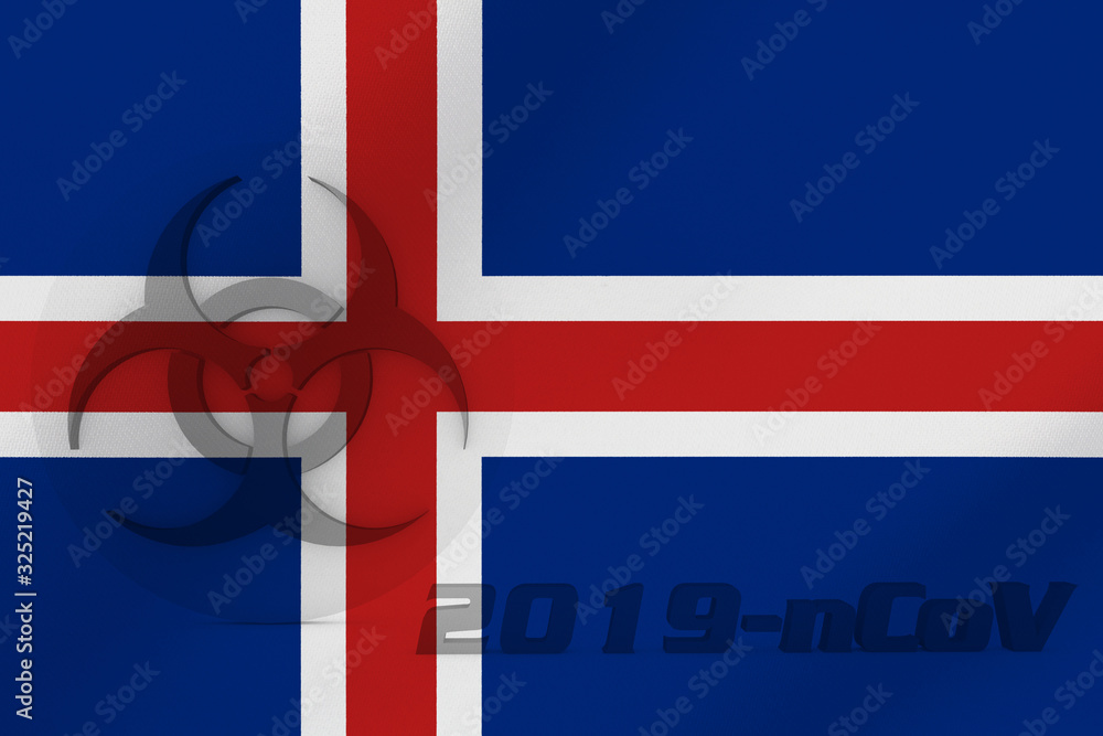Fototapeta premium 3D ILLUSTRATION VIRUS, BIOHAZARD SYMBOL CORONAVIRUS WITH Iceland FLAG, Flu coronavirus floating, micro view, pandemic virus infection, asian flu.