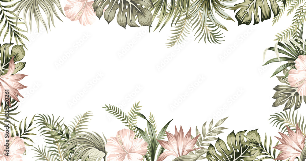 Tropical summer hibiscus, strelitzia flower, palm leaves, vintage floral frame. Exotic illustration. - obrazy, fototapety, plakaty 