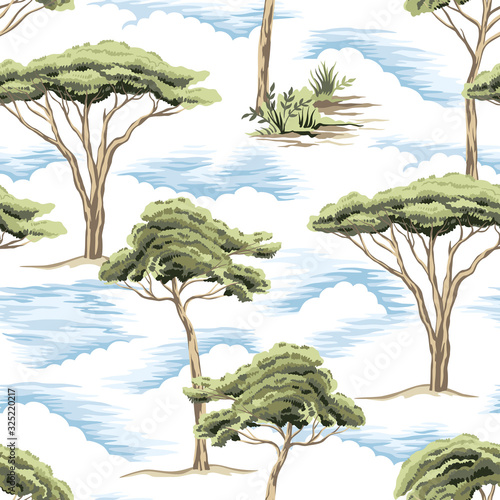 Vintage tropical tree floral, clouds seamless pattern white background. Exotic safari wallpaper.