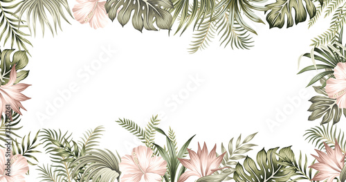 Tropical summer hibiscus, strelitzia flower, palm leaves, vintage floral frame. Exotic illustration.