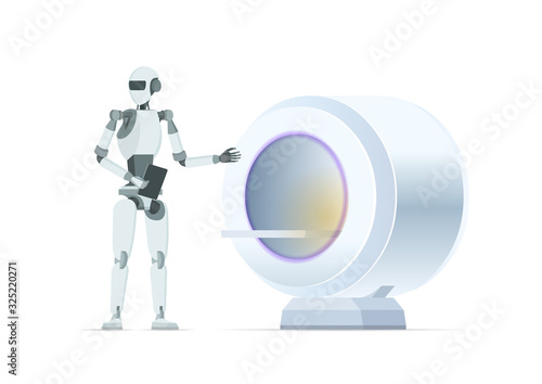 Mri scan machine controlled by ai robot. Medical technology future. Cybernetic doctor. Vector flat illustration concept on white background.