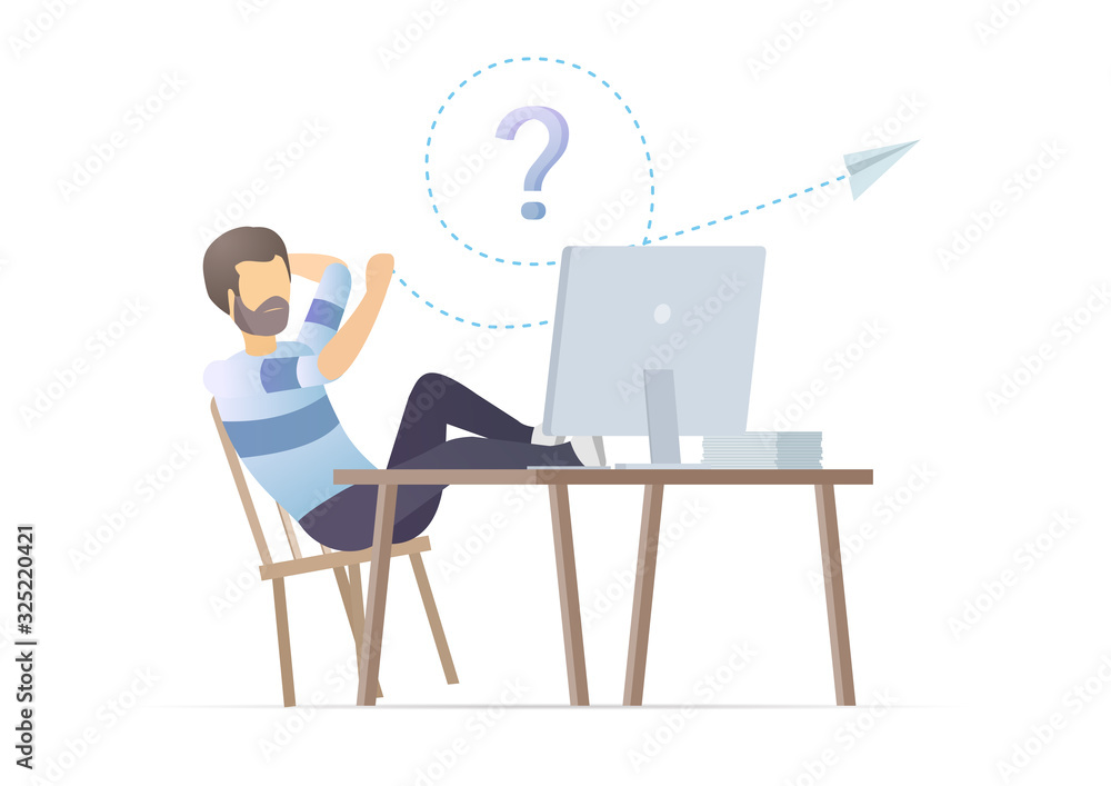 Man lazy at work, delaying work in office. Worker relaxes leaning back in his chair. Manager immersed in dreams in the workplace. Relaxing and launching a paper airplane. Vector illustration. Man lazy at work, delaying work in office. Worker relaxes leaning back in his chair. Manager immersed in dreams in the workplace. Relaxing and launching a paper airplane. Vector illustration.