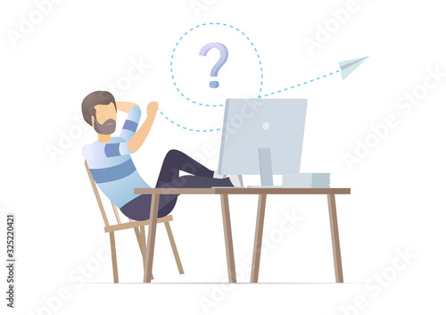 Man lazy at work, delaying work in office. Worker relaxes leaning back in his chair. Manager immersed in dreams in the workplace. Relaxing and launching a paper airplane. Vector illustration.