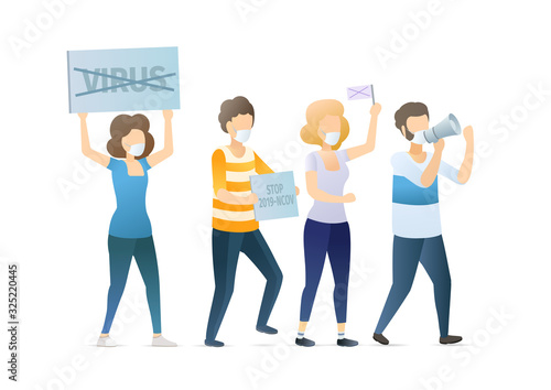 People in protective masks holding banners - stop coronavirus infection. Preventive virus epidemic protest. Epidemic MERS-CoV virus 2019-nCoV. Vector flat illustration concept on white background.