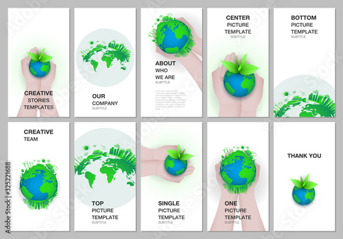 Social networks stories design, vertical banner or flyer templates. Covers design templates for flyer, leaflet, brochure cover. Green world globe in the hands of man. Earth planet health care concept.