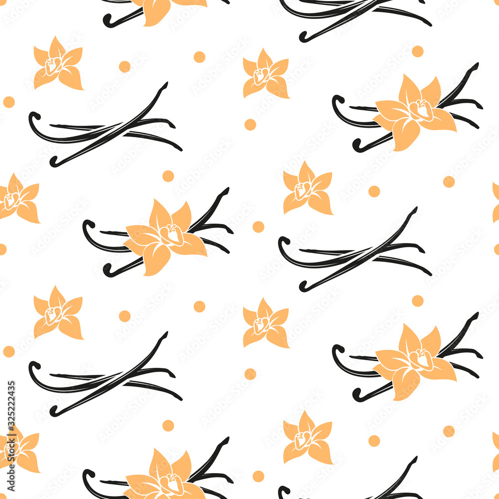 Vanilla stick and flower vector seamless pattern. Vanilla stick and flower vector seamless pattern.