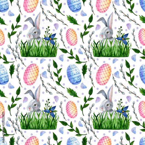 Watercolor seamless pattern for easter. Cute pattern with easter bunny and colored eggs