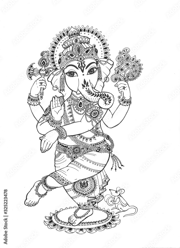 Illustration of Lord Ganesha dancing. Black ink drawing on a white background.