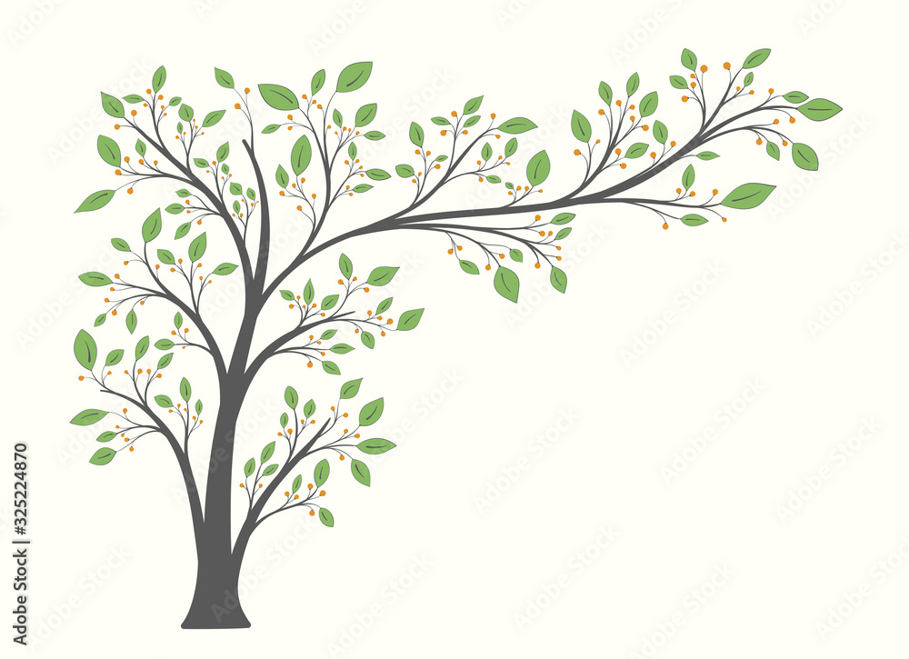 Flowering tree with a long branch with green leaves and berries isolated on a light background Flowering tree with a long branch with green leaves and berries isolated on a light background