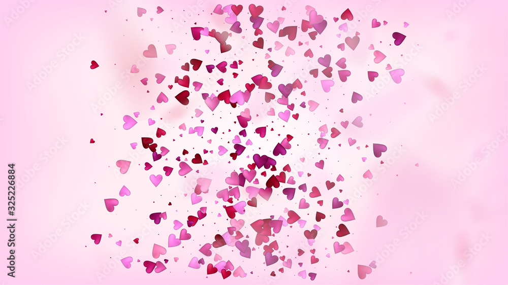 Flying Hearts Vector Confetti. Valentines Day Wedding Pattern. Beautiful Pink Scatter Valentines Day Decoration with Falling Down Hearts Confetti. Modern Gift, Birthday Card, Poster Background