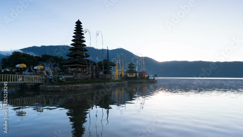 Zooming in timelapse of part of the temple complex Pura Ulun Danu Beratan, at the edge of Lake Bratan. It is a a major Hindu Shaivite water temple on Bali, Indonesia. Morning photo