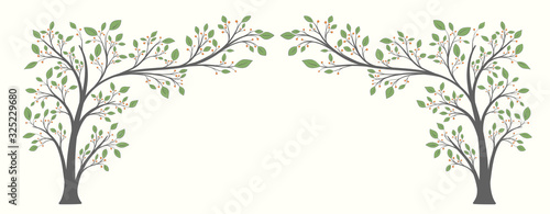 Two flowering trees with leaves and berries in the form of an arch on a light background