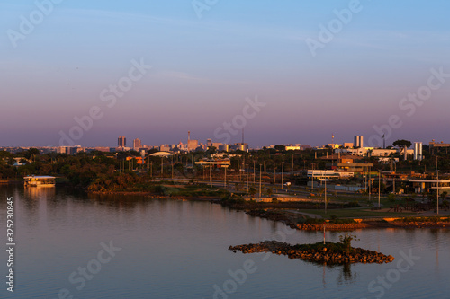 Lake scene at dawn seen from the bridge