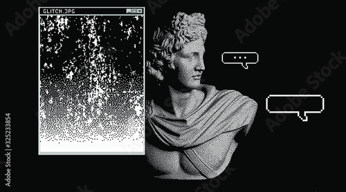 Pixel art ilustration with marble sculpture. Vaporwave and retrowave style collage, postmodern aesthetics of 80's-90's.