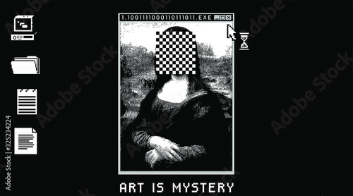 Glitched screen with stylized 1-bit image of renaissance painting.