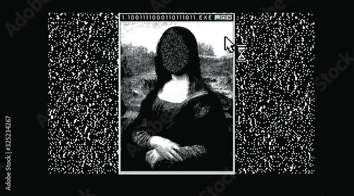Glitched screen with stylized 1-bit image of renaissance painting.