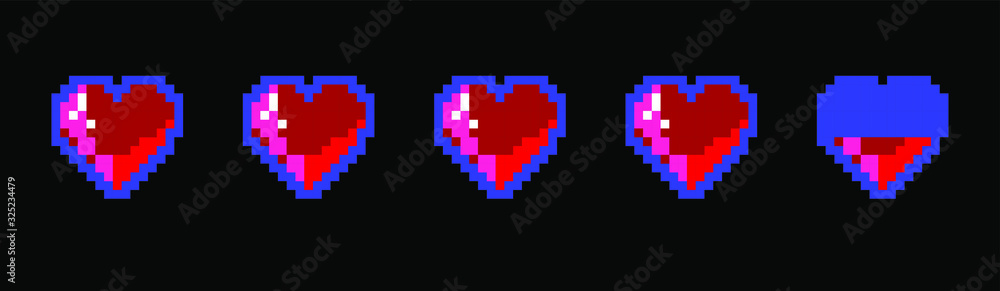 Hearts in pixel art 8-bit style. Hearts in pixel art 8-bit style.