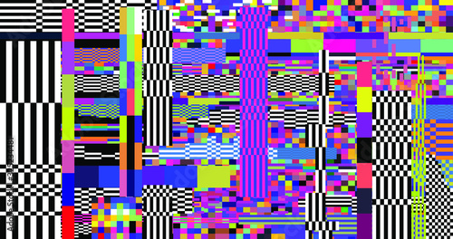 Retro VHS background like in old video tape rewind or no signal TV screen with glitch camera effect. Vaporwave/ retrowave style vector illustration.