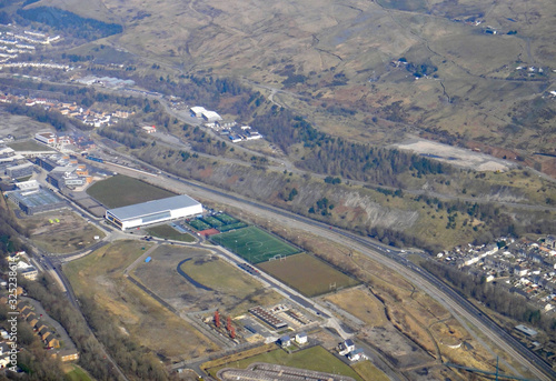 Aerial view of Ebbw Vale town in the Welsh Valleys