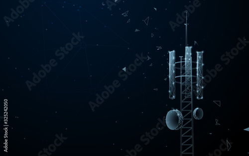 Mast of station of the broadcasting cellular. Telecommunication tower. Lines, triangles and particle style design