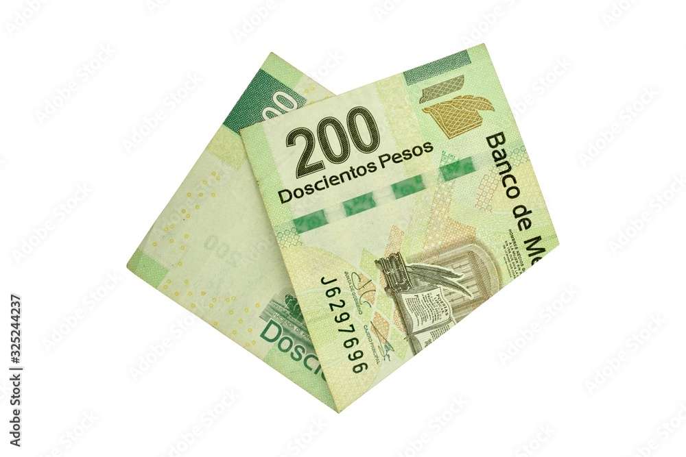 A single middle folded 200 mexican peso bill isolated on white background A single middle folded 200 mexican peso bill isolated on white background
