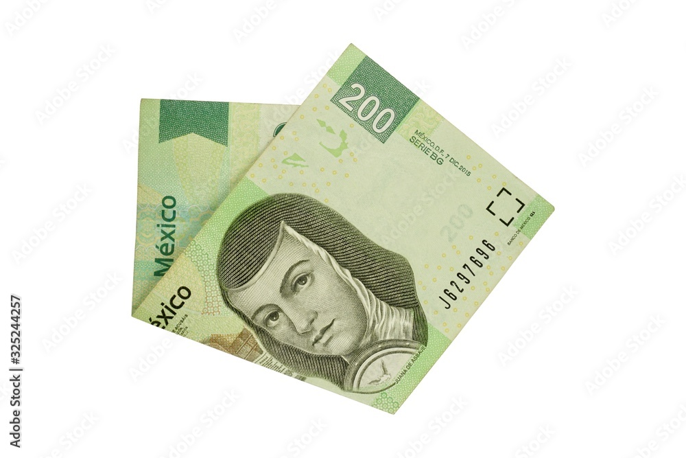 A single middle folded 200 mexican peso bill isolated on white background A single middle folded 200 mexican peso bill isolated on white background
