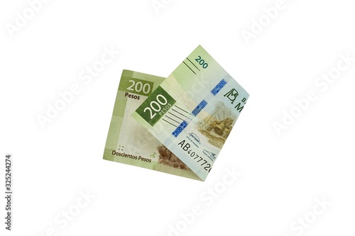 A single middle folded 200 mexican peso bill isolated on white background
