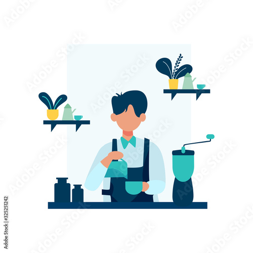 Barista make and serve customers in the coffee shop vector illustration