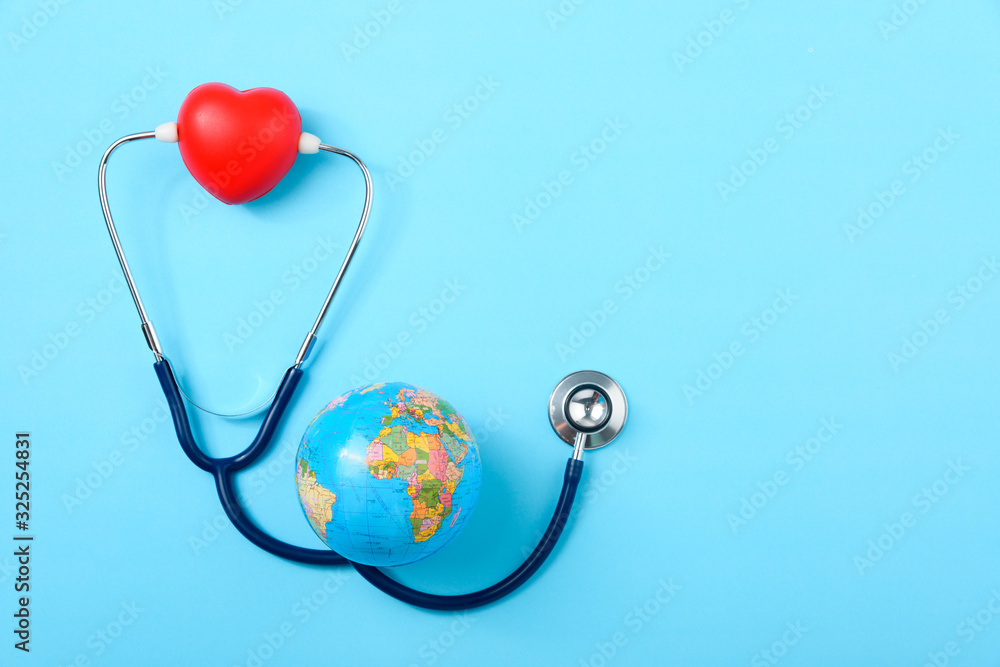 World health day concept, Stethoscope, globe and red heart World health day concept, Stethoscope, globe and red heart