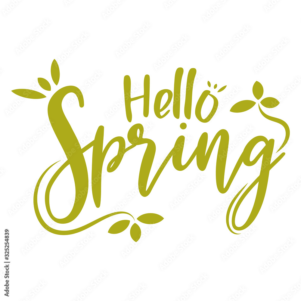 Hello spring greeting text in lettering style with leaves. Hello spring greeting text in lettering style with leaves.