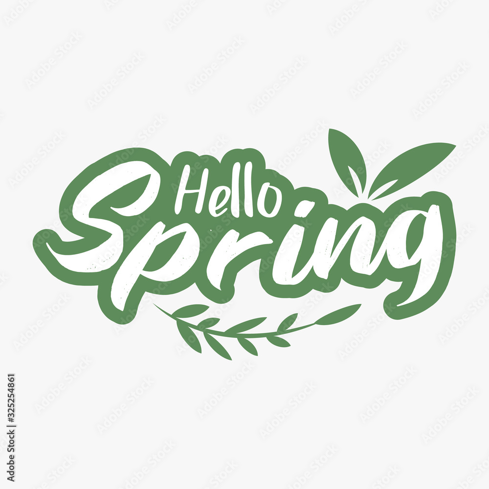 Hello spring greeting text in lettering style with leaves.
