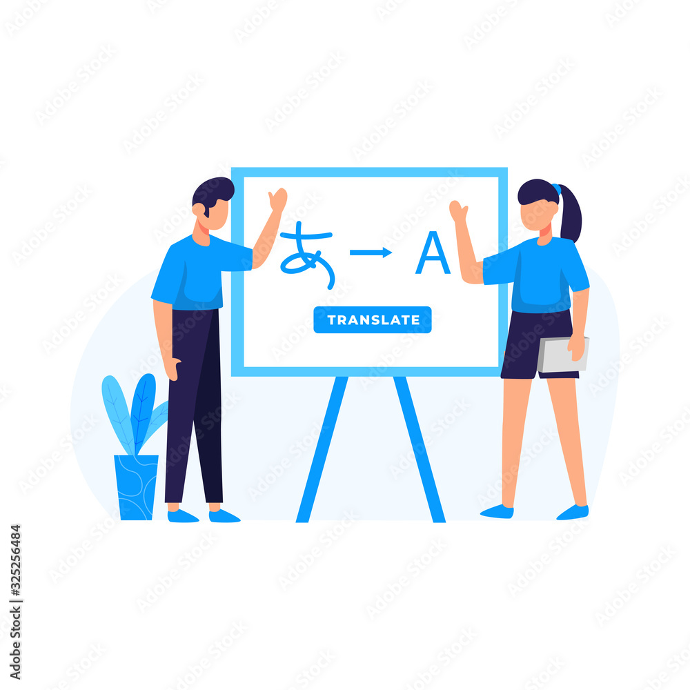 Fototapeta premium Translators translate articles, teach and communicate using foreign languages vector illustration