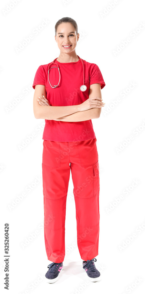 Female paramedic on white background Female paramedic on white background