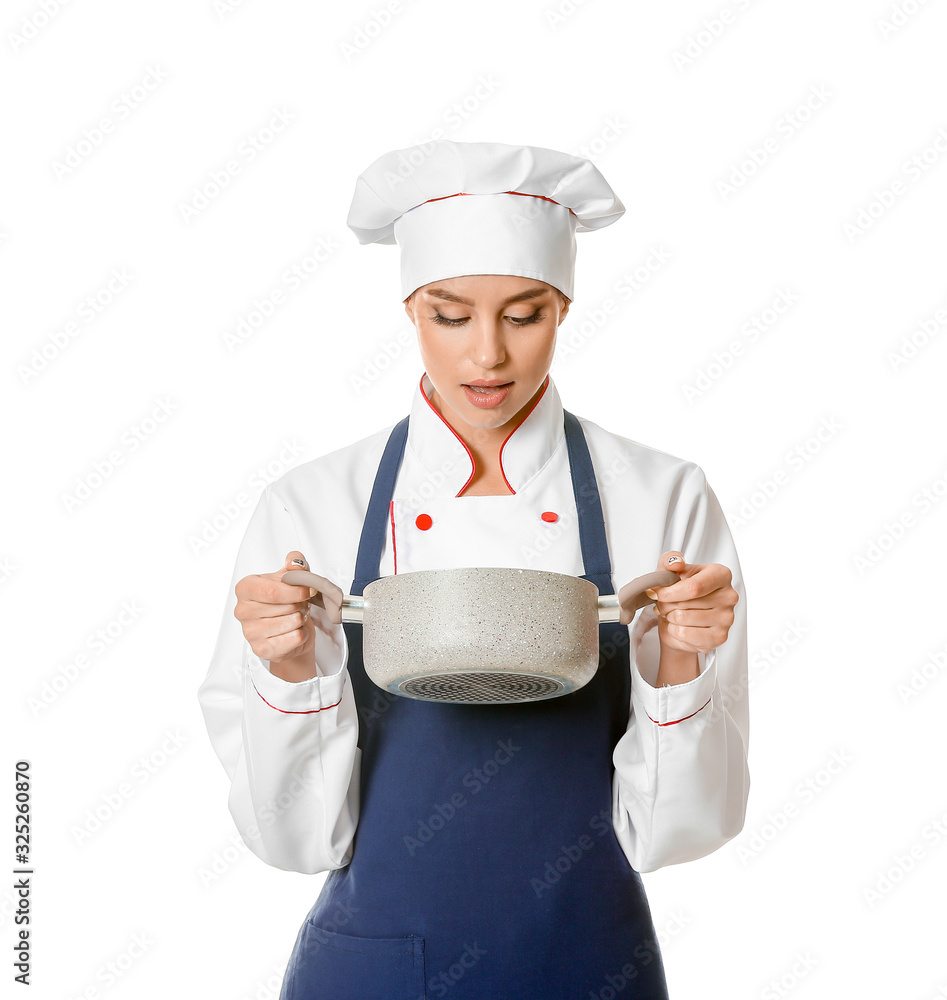 Beautiful female chef with tasty dish on white background Beautiful female chef with tasty dish on white background