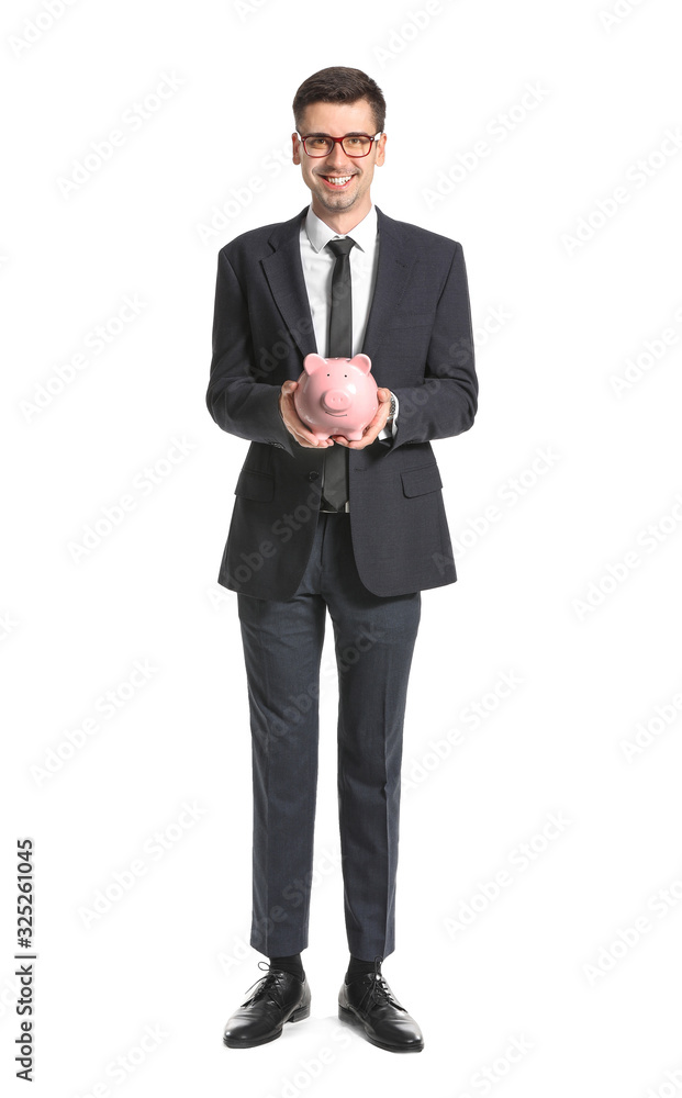 Happy male bank manager with piggy bank on white background Happy male bank manager with piggy bank on white background