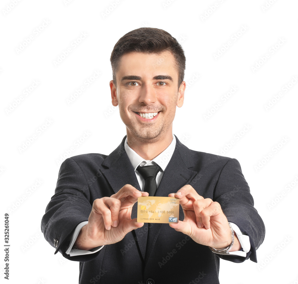 Happy male bank manager with credit card on white background Happy male bank manager with credit card on white background