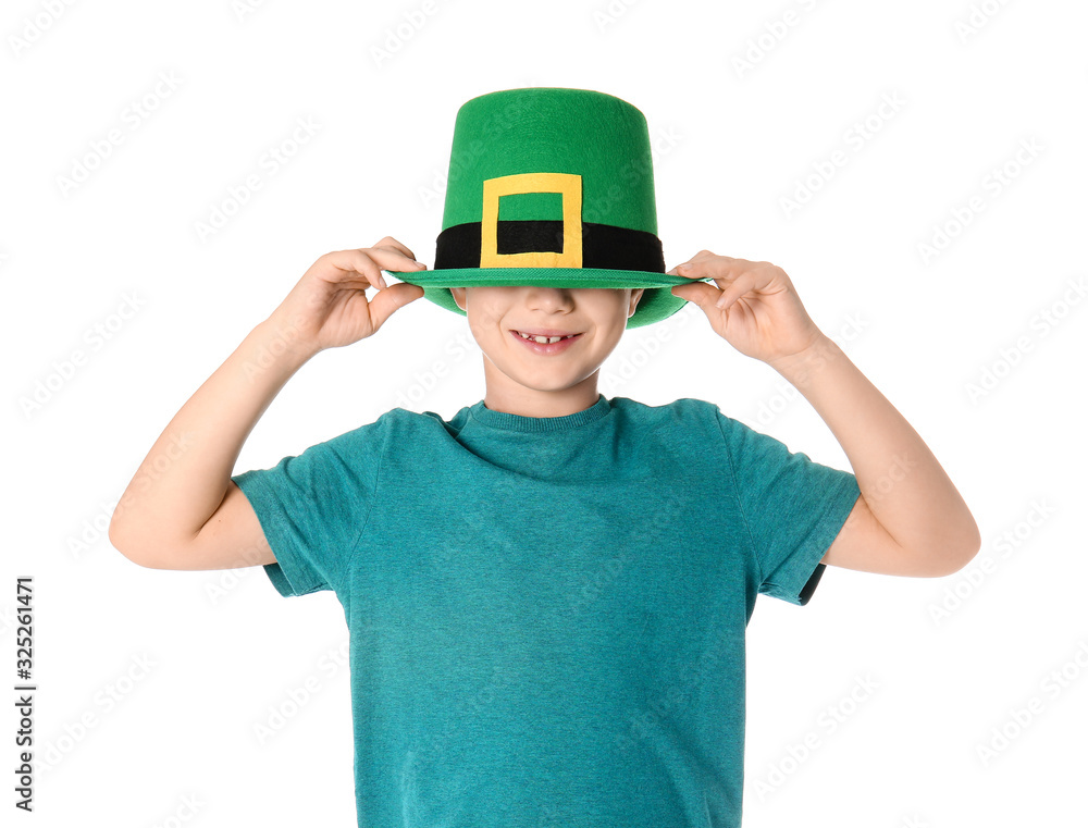 Funny little boy on white background. St. Patrick's Day celebration Funny little boy on white background. St. Patrick's Day celebration
