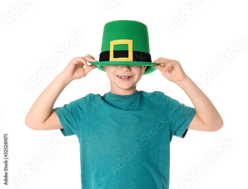 Funny little boy on white b...