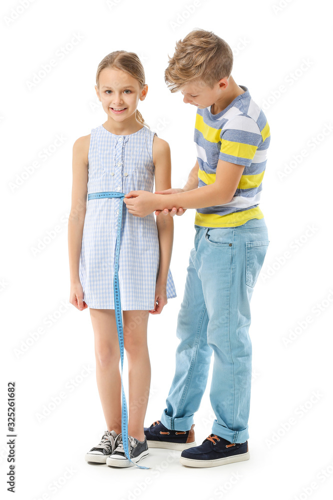 Cute little tailor with client on white background Cute little tailor with client on white background