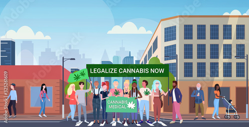 mix race people holding legalize cannabis now protest poster medical marijuana legalization drugs consumption concept modern city street cityscape background horizontal full length vector illustration