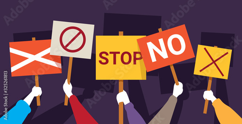 protesters hands holding peace protest posters no stop placards demonstration speech activist rally election campaigning political freedom concept horizontal vector illustration