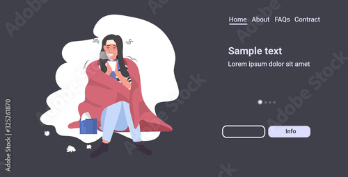 woman catching cold having headache girl covered with blanket drinking tea influenza infection symptoms flu sickness full length copy space vector illustration